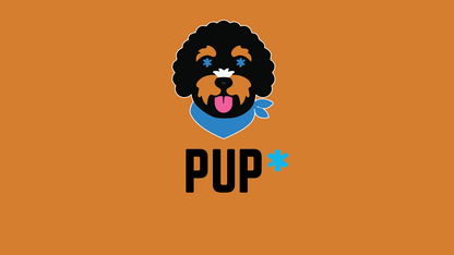 Logo of a dog with a bandana and 'PUP' text on an orange background